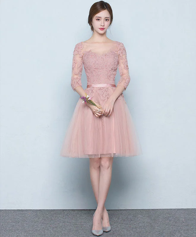 Pink Tulle Lace Short Prom Dress, Pink Tulle Bridesmaid Dress