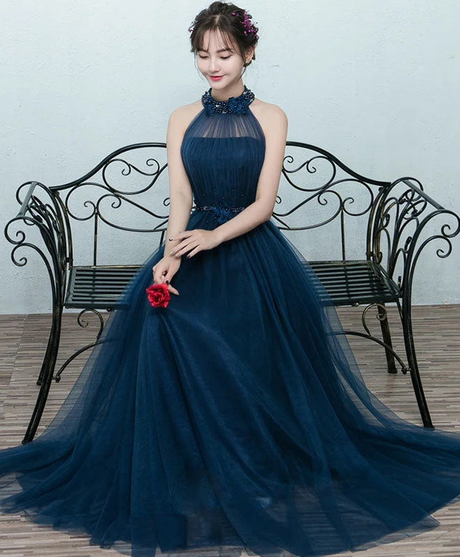 Simple Blue Tulle Long Prom Dress, Blue Tulle Bridesmaid Dress