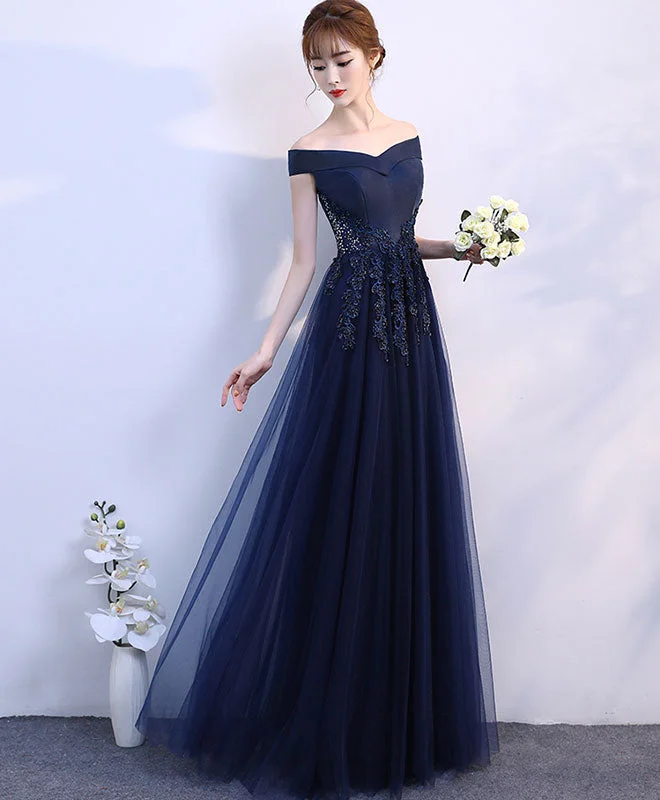 Simple Blue Off Shoulder Long Prom Dress, Blue Bridesmaid Dress