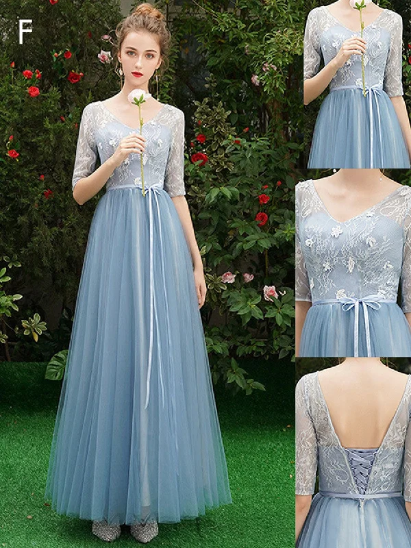 Simple A line Lace Blue Long Prom Dresses, Blue Lace Bridesmaid Dresses