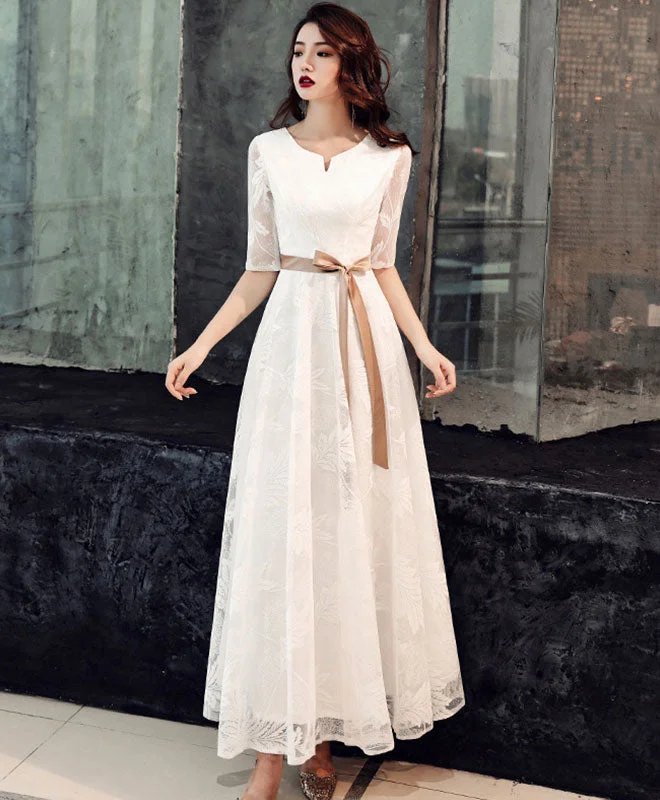 White Lace Tea Length Prom Dress White Lace Bridesmaid Dress