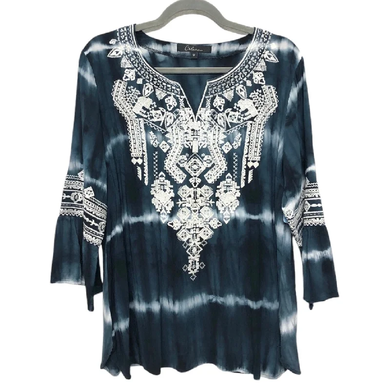 Top 3/4 Sleeve By Calessa In Blue & White, Size: M