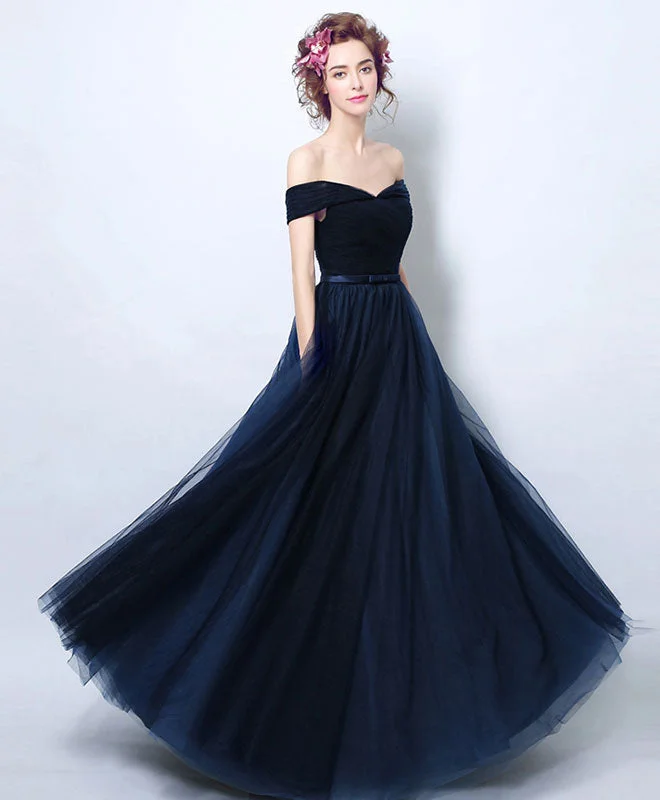 Dark Blue Tulle Long Prom Dress, Blue Tulle Bridesmaid Dress