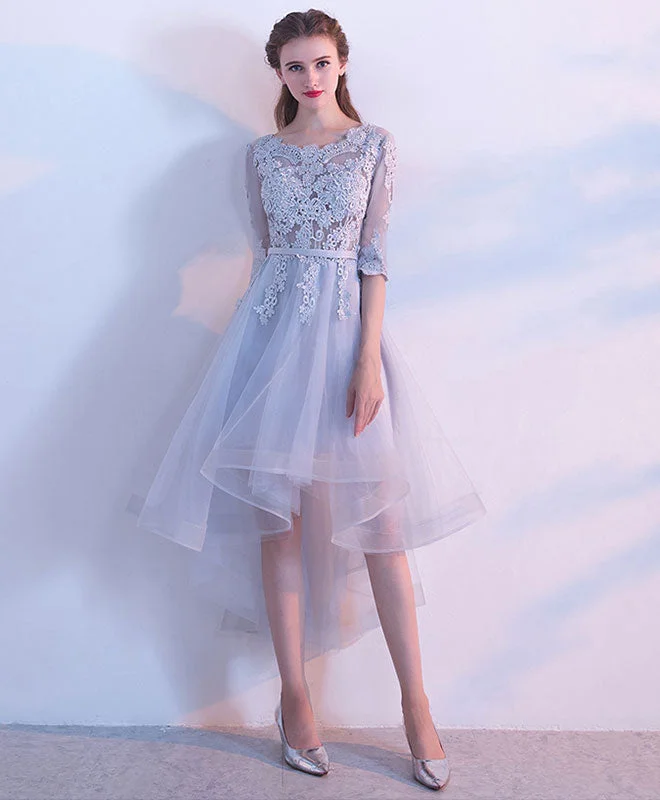 Gray Lace Tulle High Low Prom Dress, Gray Bridesmaid Dress