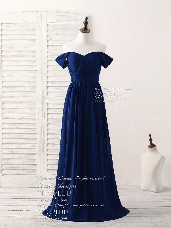 Dark Blue Sweetheart Chiffon Long Prom Dress, Dark Blue Bridesmaid Dress