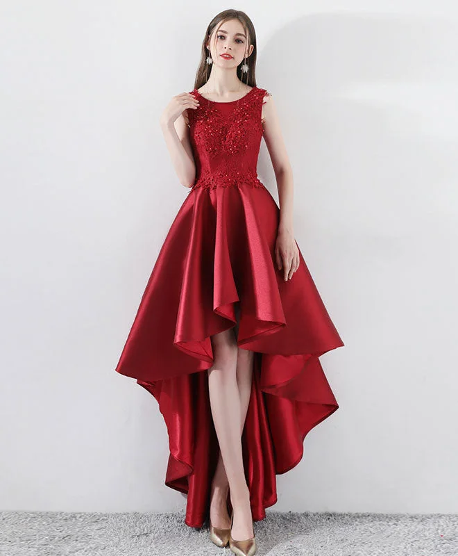 Burgundy Round Neck Lace Prom Dress, Burgundy Bridesmaid Dress