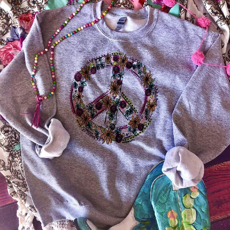 Online Exclusive | Peace Sign Long Sleeve Floral Graphic Sweatshirt in Gray