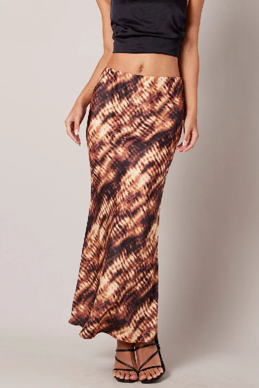 Brown Abstract Slip Skirt Maxi Satin