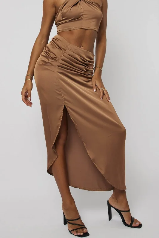 Brown Ruched Maxi Skirt Draped Satin Skirt