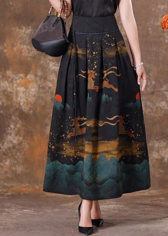 Chinese Style Black Wrinkled Tasseled Pockets Print Silk Skirt Spring