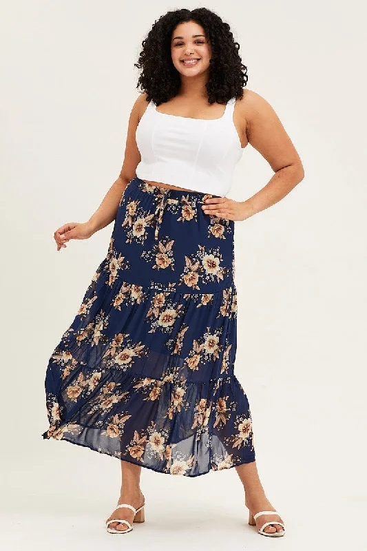 Floral Print Tiered Maxi Full Skirt