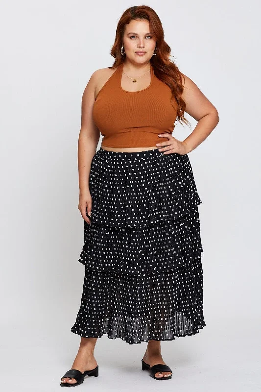 Geo Print High Waist Frill Tiered Midi Skirt