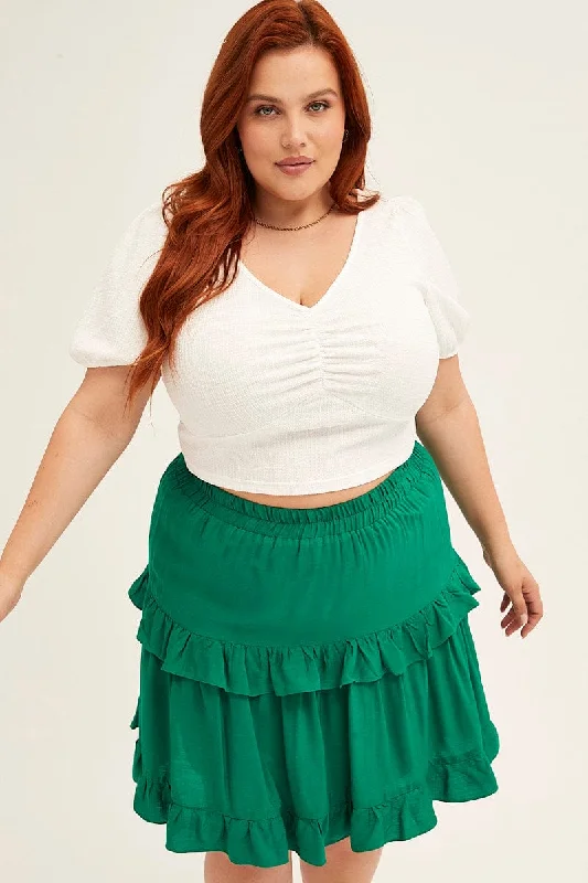 Green Mini Skirt Elastic Waist Frill Detail