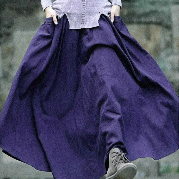 Vintage women linen maxi skirt purple casual loose style skirts