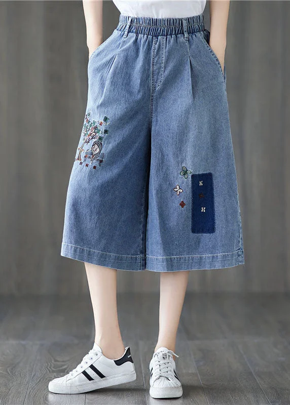 Elegant Denim Blue Elastic Waist Embroideried Cotton Wide Leg Pants Summer