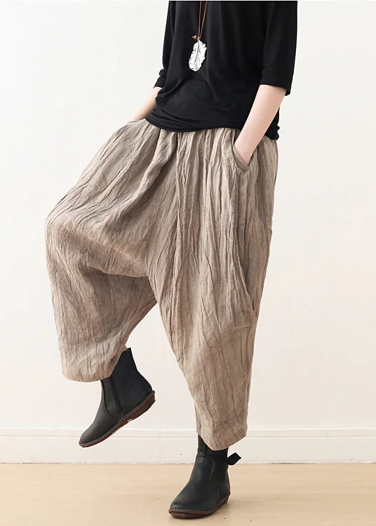 Elegant Khaki Tie Dye Wrinkled Linen Harem Pants Fall