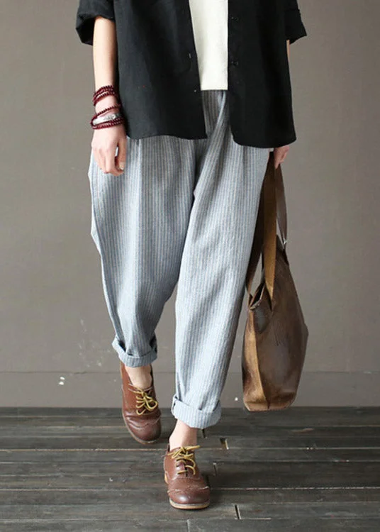 Elegant Light Blue Striped Elastic Waist Linen Harem Pants Spring