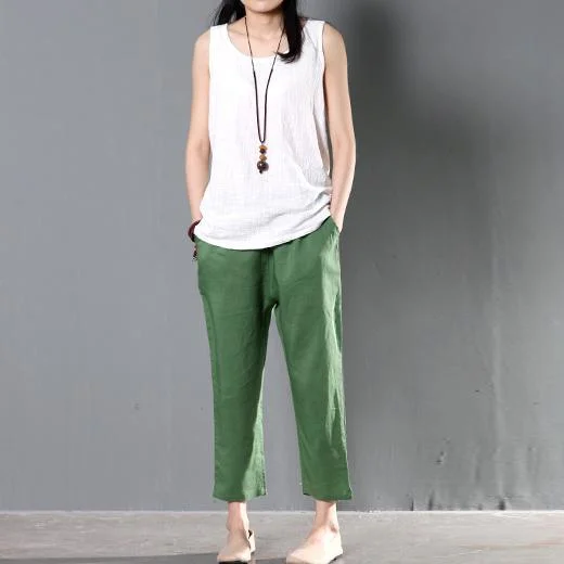 Green linen summer pants plus size women crop pants trousers