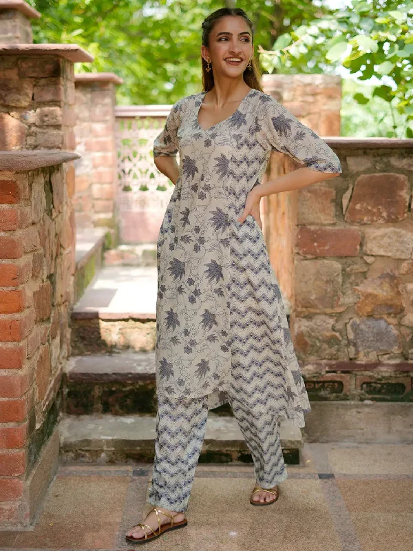 Beige Printed Cotton A-Line Kurta With Palazzos