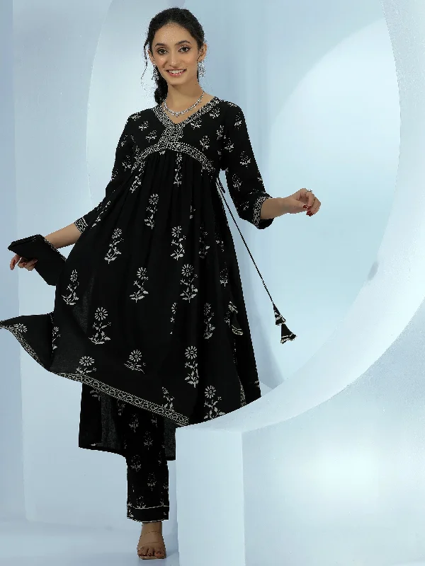 Black Printed Cotton A-Line Kurta With Salwar