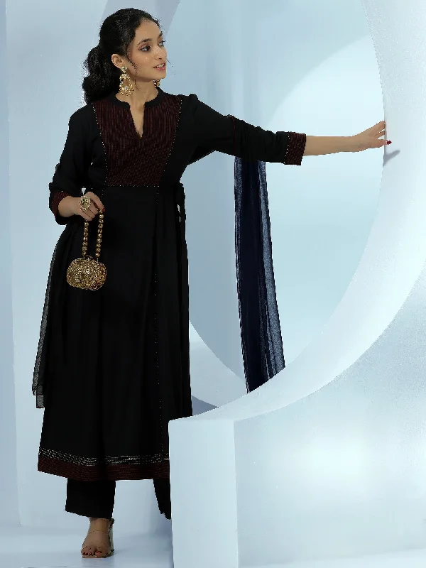 Black Yoke Design Cotton A-Line Kurta With Trousers & Dupatta