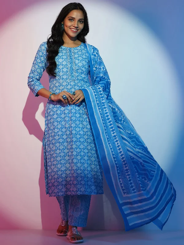 Blue Printed Cotton Straight Suit With Dupatta