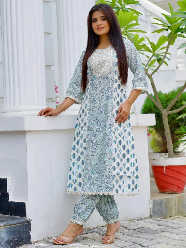 Blue Printed Silk Blend A-Line Kurta With Salwar