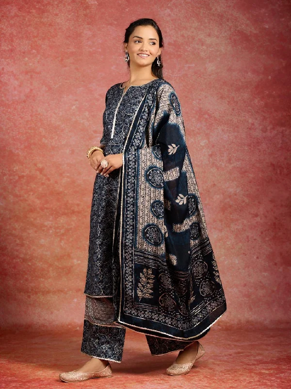 Blue Printed Silk Blend Straight Suit With Dupatta