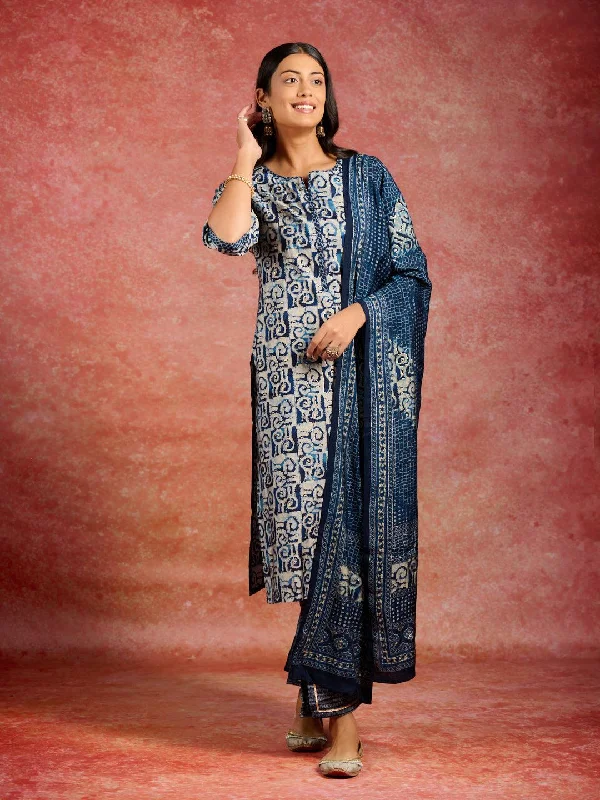 Blue Printed Silk Blend Straight Suit With Dupatta