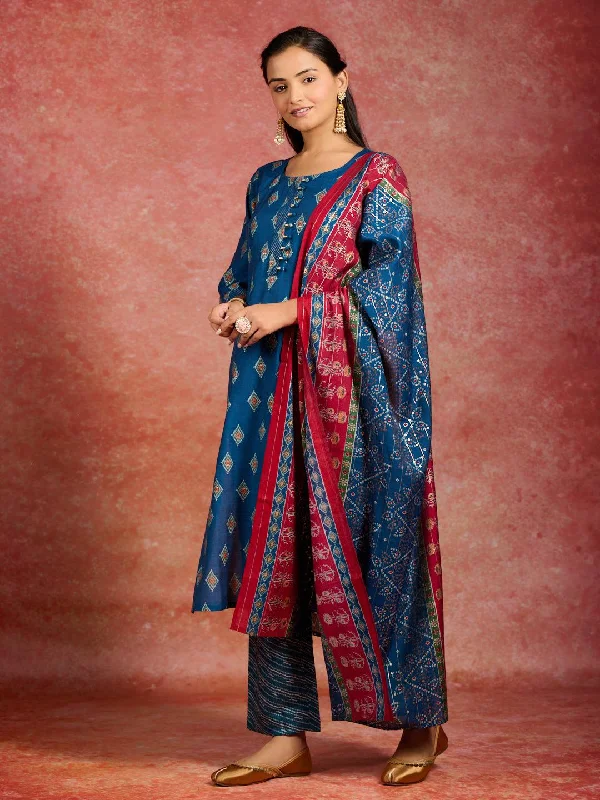 Blue Printed Silk Blend Straight Suit With Dupatta