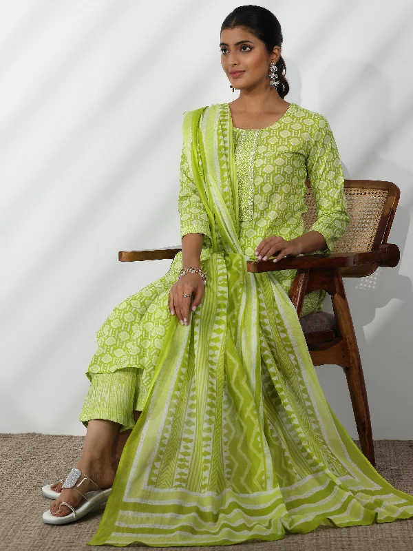 Green Printed Cotton Straight Suit With Dupatta