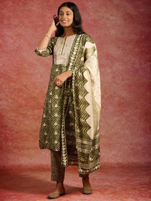 Green Printed Silk Blend Straight Suit With Dupatta