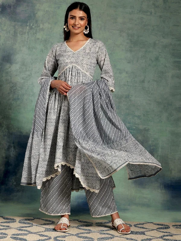 Grey Printed Cotton A-Line Kurta With Palazzos & Dupatta