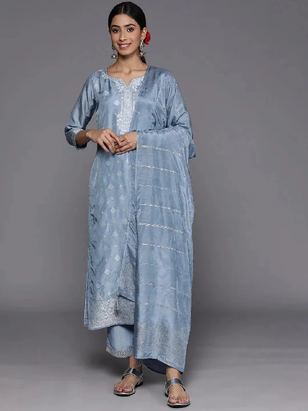 Grey Self Design Silk Blend Straight Kurta With Trousers & Dupatta