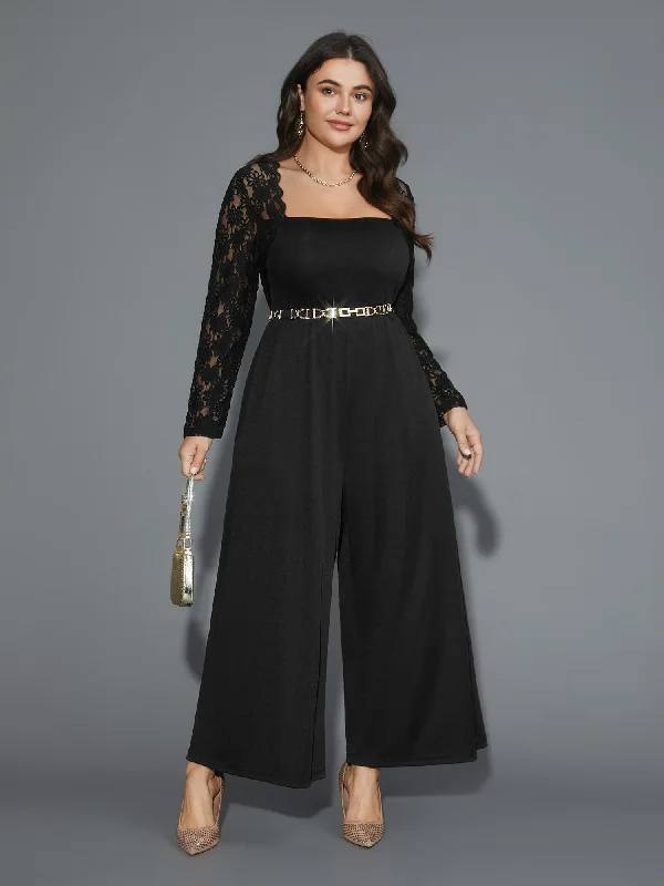 Lace Mesh Sleeves Square Neck Jumpsuit