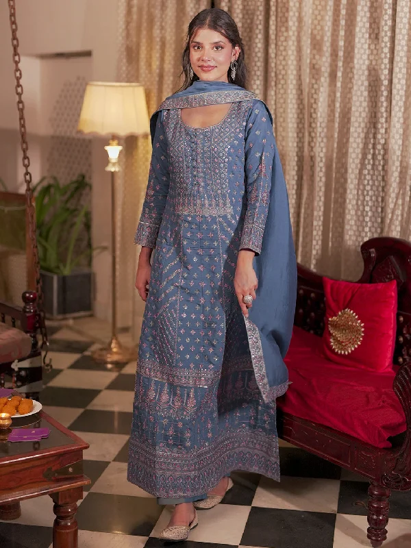 Libas Art Blue Embroidered Silk Blend A-Line Kurta With Sharara & Dupatta