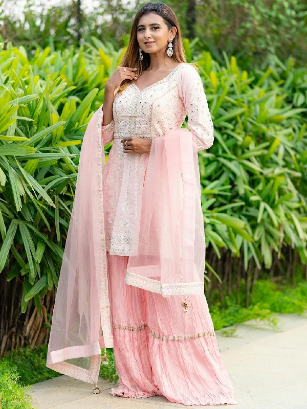 Libas Art Peach Embroidered Silk Blend A-Line Sharara Suit Set