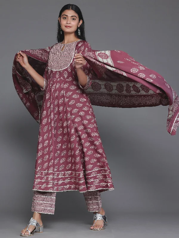 Mauve Printed Silk Blend Anarkali Suit With Dupatta