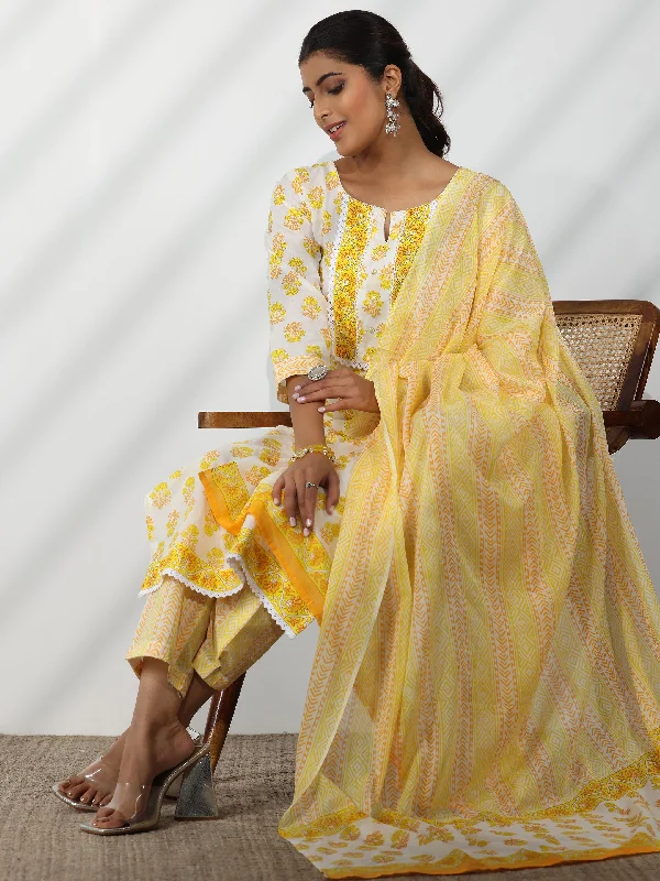 Off White Printed Cotton Straight Suit With Dupatta