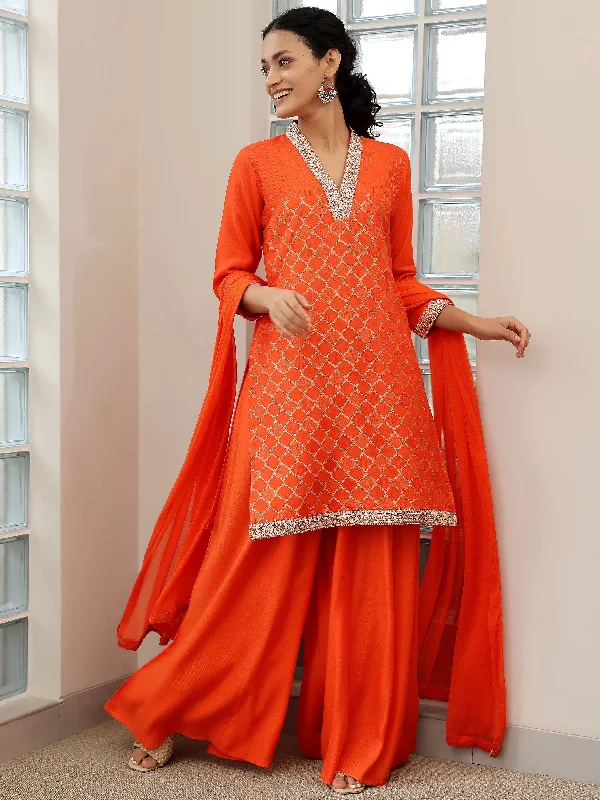 Orange Woven Design Silk Blend Straight Suit With Dupatta