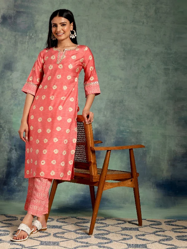 Peach Printed Silk Blend Straight Kurta Set