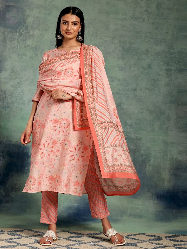 Peach Printed Silk Blend Straight Suit With Dupatta