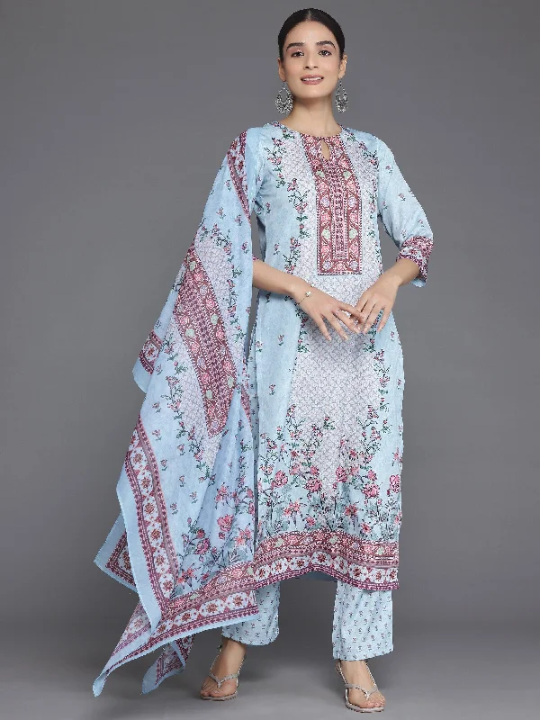 Blue Printed Poly Crepe Straight Suit With Dupatta