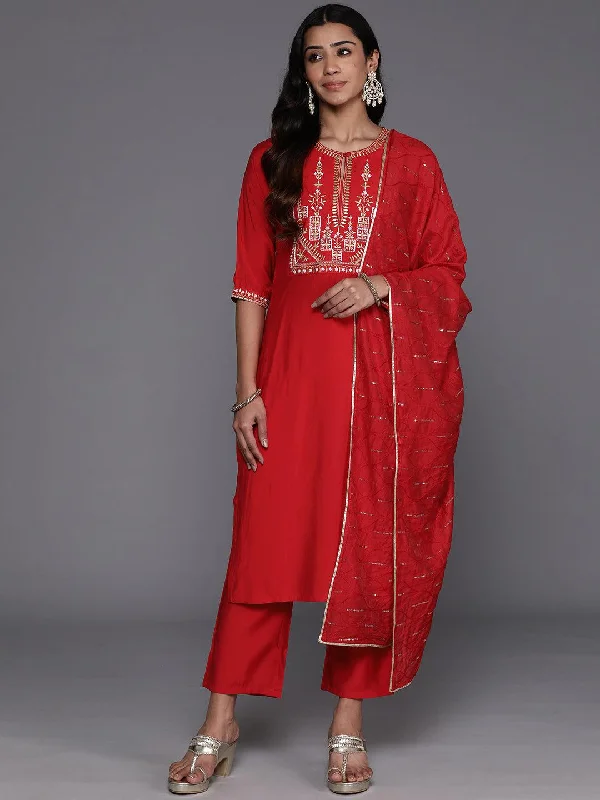 Red Yoke Design Silk Blend Straight Suit With Dupatta