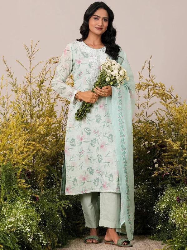 Green Printed Linen Straight Suit With Dupatta