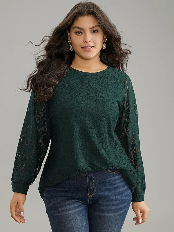 Solid Crochet Lace Mesh Crew Neck Blouse