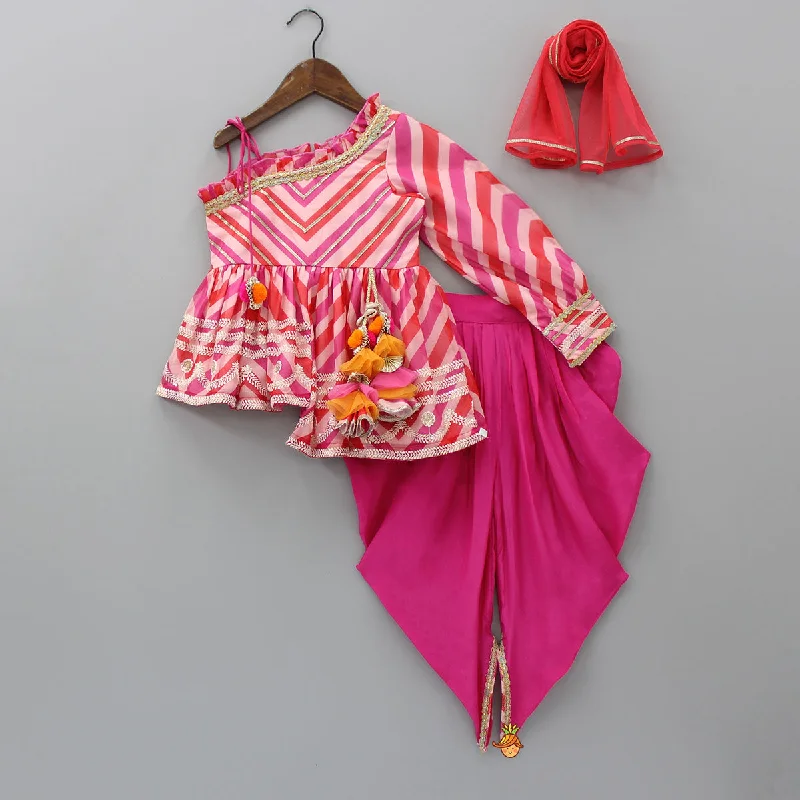 Stylish One Shoulder Top With Dhoti And Dupatta