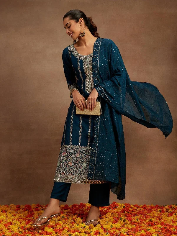 Teal Embroidered Silk Straight Suit With Dupatta