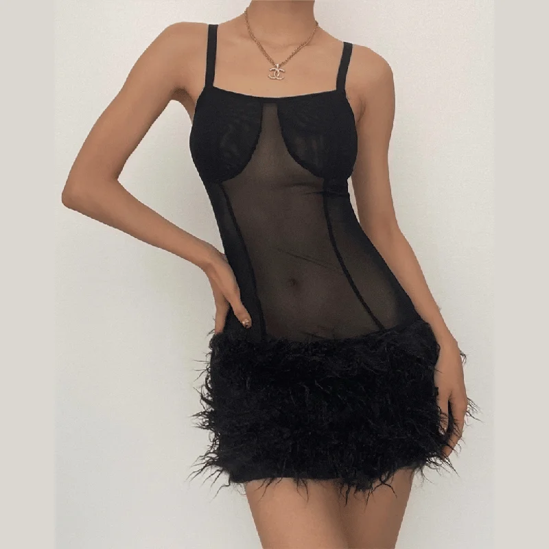 BerryBetty - Mesh see through feather sleeveless backless mini dress