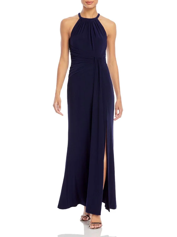 Womens Drapey Halter Evening Dress